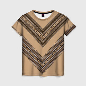 Женская футболка 3D с принтом Tribal V-shape в Белгороде, 100% полиэфир ( синтетическое хлопкоподобное полотно) | прямой крой, круглый вырез горловины, длина до линии бедер | african | ethnic | tribal | африка | африканский | бежевый | трайбал | узор | черный | этно