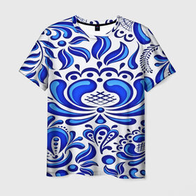 Мужская футболка 3D с принтом Роспись гжель в Белгороде, 100% полиэфир | прямой крой, круглый вырез горловины, длина до линии бедер | народный | орнамент | роспись | традиционный