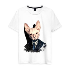 Мужская футболка хлопок с принтом Сфинкс в Белгороде, 100% хлопок | прямой крой, круглый вырез горловины, длина до линии бедер, слегка спущенное плечо. | кот | лысый кот