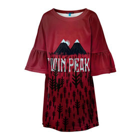 Детское платье 3D с принтом Лес Twin Peaks в Белгороде, 100% полиэстер | прямой силуэт, чуть расширенный к низу. Круглая горловина, на рукавах — воланы | Тематика изображения на принте: горы | надпись | ретро | твин пикс