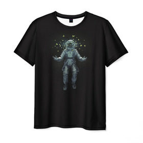 Мужская футболка 3D с принтом Космонавт с Бабочками в Белгороде, 100% полиэфир | прямой крой, круглый вырез горловины, длина до линии бедер | астронавт | время первых | вселенная | гагарин | галактика | гравитация | звезды | интерстеллар | космический | луна | магия | млечный путь | невесомость | полет | скафандр | черная дыра