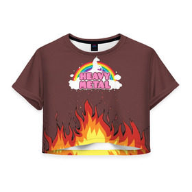 Женская футболка 3D укороченная с принтом Heavy METAL в Белгороде, 100% полиэстер | круглая горловина, длина футболки до линии талии, рукава с отворотами | единорог | звезда | искры | конь | лошадь | музыка | мультик | мультфильм | надпись | облака | огонь | песня | пламя | пожар | прикол | радуга | рисунок | рок | рок н ролл | тяжелая | тяжелый метал