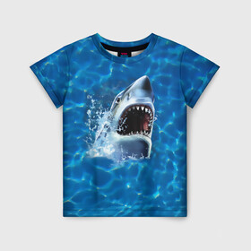 Детская футболка 3D с принтом Пасть акулы в Белгороде, 100% гипоаллергенный полиэфир | прямой крой, круглый вырез горловины, длина до линии бедер, чуть спущенное плечо, ткань немного тянется | Тематика изображения на принте: акула | атака | белая | брызги | вода | волны | зубы | капли | море | океан | опасность | синяя | челюсти | эффект