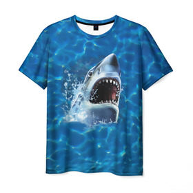 Мужская футболка 3D с принтом Пасть акулы в Белгороде, 100% полиэфир | прямой крой, круглый вырез горловины, длина до линии бедер | Тематика изображения на принте: акула | атака | белая | брызги | вода | волны | зубы | капли | море | океан | опасность | синяя | челюсти | эффект