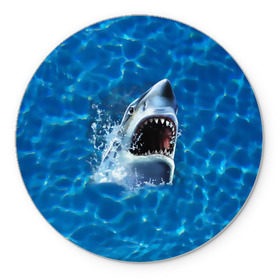 Коврик круглый с принтом Пасть акулы в Белгороде, резина и полиэстер | круглая форма, изображение наносится на всю лицевую часть | акула | атака | белая | брызги | вода | волны | зубы | капли | море | океан | опасность | синяя | челюсти | эффект