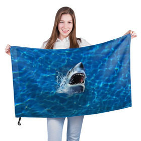 Флаг 3D с принтом Пасть акулы в Белгороде, 100% полиэстер | плотность ткани — 95 г/м2, размер — 67 х 109 см. Принт наносится с одной стороны | Тематика изображения на принте: акула | атака | белая | брызги | вода | волны | зубы | капли | море | океан | опасность | синяя | челюсти | эффект