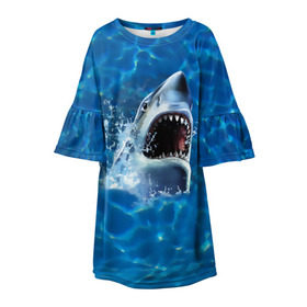 Детское платье 3D с принтом Пасть акулы в Белгороде, 100% полиэстер | прямой силуэт, чуть расширенный к низу. Круглая горловина, на рукавах — воланы | акула | атака | белая | брызги | вода | волны | зубы | капли | море | океан | опасность | синяя | челюсти | эффект