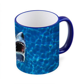 Кружка 3D с принтом Пасть акулы в Белгороде, керамика | ёмкость 330 мл | Тематика изображения на принте: акула | атака | белая | брызги | вода | волны | зубы | капли | море | океан | опасность | синяя | челюсти | эффект