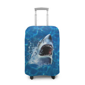 Чехол для чемодана 3D с принтом Пасть акулы в Белгороде, 86% полиэфир, 14% спандекс | двустороннее нанесение принта, прорези для ручек и колес | акула | атака | белая | брызги | вода | волны | зубы | капли | море | океан | опасность | синяя | челюсти | эффект