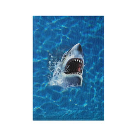 Обложка для паспорта матовая кожа с принтом Пасть акулы в Белгороде, натуральная матовая кожа | размер 19,3 х 13,7 см; прозрачные пластиковые крепления | акула | атака | белая | брызги | вода | волны | зубы | капли | море | океан | опасность | синяя | челюсти | эффект