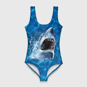 Купальник-боди 3D с принтом Пасть акулы в Белгороде, 82% полиэстер, 18% эластан | Круглая горловина, круглый вырез на спине | акула | атака | белая | брызги | вода | волны | зубы | капли | море | океан | опасность | синяя | челюсти | эффект