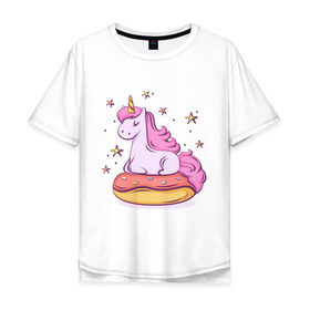 Мужская футболка хлопок Oversize с принтом Единорог в Белгороде, 100% хлопок | свободный крой, круглый ворот, “спинка” длиннее передней части | Тематика изображения на принте: donut | pink | star | unicorn | единорог | звезды | конь | милота | пончик | сказка