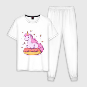 Мужская пижама хлопок с принтом Единорог в Белгороде, 100% хлопок | брюки и футболка прямого кроя, без карманов, на брюках мягкая резинка на поясе и по низу штанин
 | donut | pink | star | unicorn | единорог | звезды | конь | милота | пончик | сказка