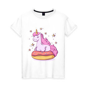 Женская футболка хлопок с принтом Единорог в Белгороде, 100% хлопок | прямой крой, круглый вырез горловины, длина до линии бедер, слегка спущенное плечо | donut | pink | star | unicorn | единорог | звезды | конь | милота | пончик | сказка