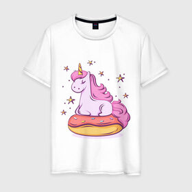 Мужская футболка хлопок с принтом Единорог в Белгороде, 100% хлопок | прямой крой, круглый вырез горловины, длина до линии бедер, слегка спущенное плечо. | Тематика изображения на принте: donut | pink | star | unicorn | единорог | звезды | конь | милота | пончик | сказка