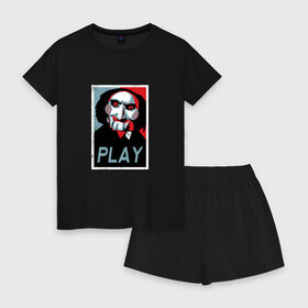 Женская пижама с шортиками хлопок с принтом Saw Play в Белгороде, 100% хлопок | футболка прямого кроя, шорты свободные с широкой мягкой резинкой | blood | death | life | obey | saw | жизнь | кино | клоун | кровь | кукла | пила | триллер | ужасы | фильм