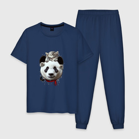 Мужская пижама хлопок с принтом Панда и котенок в Белгороде, 100% хлопок | брюки и футболка прямого кроя, без карманов, на брюках мягкая резинка на поясе и по низу штанин
 | cat | panda | добро | друг | животные | кот | котенок | кошка | лучший | медведь | милый | мишка | нежный | панда