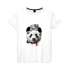 Женская футболка хлопок с принтом Панда и котенок в Белгороде, 100% хлопок | прямой крой, круглый вырез горловины, длина до линии бедер, слегка спущенное плечо | cat | panda | добро | друг | животные | кот | котенок | кошка | лучший | медведь | милый | мишка | нежный | панда