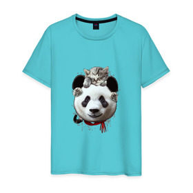 Мужская футболка хлопок с принтом Панда и котенок в Белгороде, 100% хлопок | прямой крой, круглый вырез горловины, длина до линии бедер, слегка спущенное плечо. | cat | panda | добро | друг | животные | кот | котенок | кошка | лучший | медведь | милый | мишка | нежный | панда