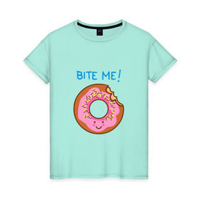 Женская футболка хлопок с принтом Укуси меня в Белгороде, 100% хлопок | прямой крой, круглый вырез горловины, длина до линии бедер, слегка спущенное плечо | bart | donut | food | homer | simpsons | аппетит | барт | гомер | еда | мультфильм | пончик | симпсоны | сладкий