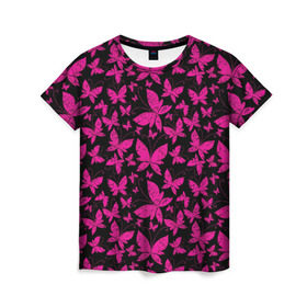 Женская футболка 3D с принтом Розовые бабочки в Белгороде, 100% полиэфир ( синтетическое хлопкоподобное полотно) | прямой крой, круглый вырез горловины, длина до линии бедер | butterflies | pink | бабочки | красота | крылья | нежность | орнамент | розовый | узор