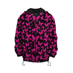 Детская куртка 3D с принтом Розовые бабочки в Белгороде, 100% полиэстер | застежка — молния, подол и капюшон оформлены резинкой с фиксаторами, по бокам — два кармана без застежек, один потайной карман на груди, плотность верхнего слоя — 90 г/м2; плотность флисового подклада — 260 г/м2 | Тематика изображения на принте: butterflies | pink | бабочки | красота | крылья | нежность | орнамент | розовый | узор