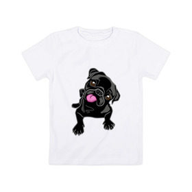 Детская футболка хлопок с принтом Забавный мопсик в Белгороде, 100% хлопок | круглый вырез горловины, полуприлегающий силуэт, длина до линии бедер | Тематика изображения на принте: animal | dog | pet | pug | puppy | арт | животные | милые | мопс | пес | собаки | французский бульдог