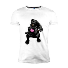Мужская футболка премиум с принтом Забавный мопсик в Белгороде, 92% хлопок, 8% лайкра | приталенный силуэт, круглый вырез ворота, длина до линии бедра, короткий рукав | Тематика изображения на принте: animal | dog | pet | pug | puppy | арт | животные | милые | мопс | пес | собаки | французский бульдог