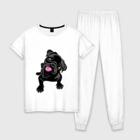 Женская пижама хлопок с принтом Забавный мопсик в Белгороде, 100% хлопок | брюки и футболка прямого кроя, без карманов, на брюках мягкая резинка на поясе и по низу штанин | animal | dog | pet | pug | puppy | арт | животные | милые | мопс | пес | собаки | французский бульдог