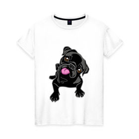 Женская футболка хлопок с принтом Забавный мопсик в Белгороде, 100% хлопок | прямой крой, круглый вырез горловины, длина до линии бедер, слегка спущенное плечо | Тематика изображения на принте: animal | dog | pet | pug | puppy | арт | животные | милые | мопс | пес | собаки | французский бульдог