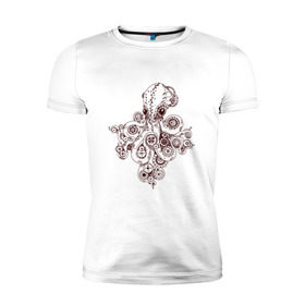 Мужская футболка премиум с принтом Steampunk octopus в Белгороде, 92% хлопок, 8% лайкра | приталенный силуэт, круглый вырез ворота, длина до линии бедра, короткий рукав | Тематика изображения на принте: gear | octopus | sea | steampunk | арт | осьминог | стимпанк | шестеренка