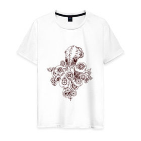 Мужская футболка хлопок с принтом Steampunk octopus в Белгороде, 100% хлопок | прямой крой, круглый вырез горловины, длина до линии бедер, слегка спущенное плечо. | Тематика изображения на принте: gear | octopus | sea | steampunk | арт | осьминог | стимпанк | шестеренка