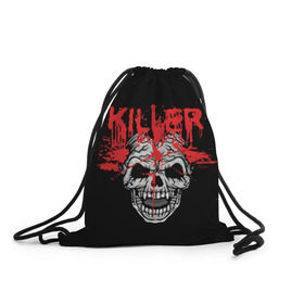 Рюкзак-мешок 3D с принтом Killer в Белгороде, 100% полиэстер | плотность ткани — 200 г/м2, размер — 35 х 45 см; лямки — толстые шнурки, застежка на шнуровке, без карманов и подкладки | Тематика изображения на принте: blood | dead | death | drops | fear | halloween | happy | holiday | killer | red | skull | splashes | брызги | капли | красный | кровь | мертвый | праздник | счастливый | хэллоуин | череп