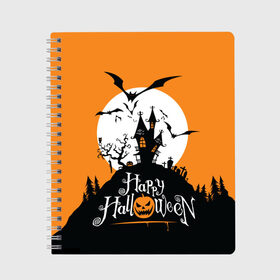Тетрадь с принтом Happy Halloween в Белгороде, 100% бумага | 48 листов, плотность листов — 60 г/м2, плотность картонной обложки — 250 г/м2. Листы скреплены сбоку удобной пружинной спиралью. Уголки страниц и обложки скругленные. Цвет линий — светло-серый
 | cemetery | corpse | flying | forest | gallows | halloween | happy | holiday | house | mice | moon | night | owl | pumpkin | silhouette | tree | виселица | дерево | дом | кладбище | ле | летучие | луна | мертвец | мыши | ночь | праздник | силуэт | сова | с