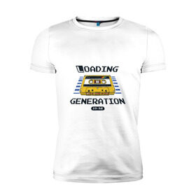 Мужская футболка премиум с принтом Loading Generation в Белгороде, 92% хлопок, 8% лайкра | приталенный силуэт, круглый вырез ворота, длина до линии бедра, короткий рукав | 1982 | аудиокассета | загрузка | кассета | поколение