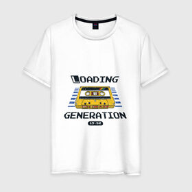 Мужская футболка хлопок с принтом Loading Generation в Белгороде, 100% хлопок | прямой крой, круглый вырез горловины, длина до линии бедер, слегка спущенное плечо. | 1982 | аудиокассета | загрузка | кассета | поколение
