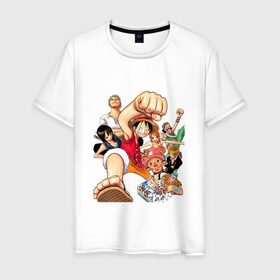 Мужская футболка хлопок с принтом Ван-Пис в Белгороде, 100% хлопок | прямой крой, круглый вырез горловины, длина до линии бедер, слегка спущенное плечо. | one piece | onepiece | большой куш | ван пис | ванпис | король пиратов | луфи | луффи