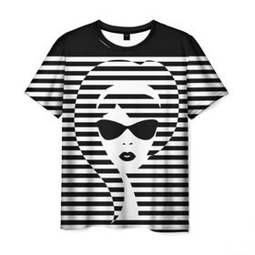 Мужская футболка 3D с принтом Pop art girl в Белгороде, 100% полиэфир | прямой крой, круглый вырез горловины, длина до линии бедер | abstraction | background | band | black and white | fashion | girl | hair | pop art | silhouette | style | абстракция | девушка | мода | очки | полосы | поп  арт | прическа | силуэт | стиль | фон | черно  белый