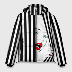 Мужская зимняя куртка 3D с принтом Pop art girl в Белгороде, верх — 100% полиэстер; подкладка — 100% полиэстер; утеплитель — 100% полиэстер | длина ниже бедра, свободный силуэт Оверсайз. Есть воротник-стойка, отстегивающийся капюшон и ветрозащитная планка. 

Боковые карманы с листочкой на кнопках и внутренний карман на молнии. | Тематика изображения на принте: abstraction | background | band | black and white | fashion | girl | hair | pop art | silhouette | style | абстракция | девушка | мода | полосы | поп  арт | прическа | силуэт | стиль | фон | черно  белый