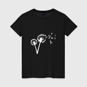 Женская футболка хлопок с принтом Одуванчик и человечки в Белгороде, 100% хлопок | прямой крой, круглый вырез горловины, длина до линии бедер, слегка спущенное плечо | ветер | дунул | дуть | легкий | люди | маленький | одуван | полет | прыжок | стебель | цветок | человек
