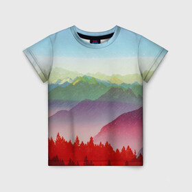 Детская футболка 3D с принтом Радужный пейзаж в Белгороде, 100% гипоаллергенный полиэфир | прямой крой, круглый вырез горловины, длина до линии бедер, чуть спущенное плечо, ткань немного тянется | горы | деревья | дождь | лес | массив | небо | природа | рельеф | скалы | яркий