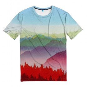 Мужская футболка 3D с принтом Радужный пейзаж в Белгороде, 100% полиэфир | прямой крой, круглый вырез горловины, длина до линии бедер | горы | деревья | дождь | лес | массив | небо | природа | рельеф | скалы | яркий