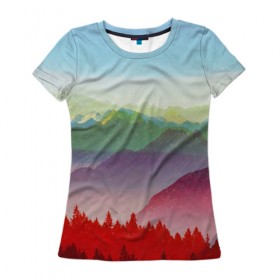Женская футболка 3D с принтом Радужный пейзаж в Белгороде, 100% полиэфир ( синтетическое хлопкоподобное полотно) | прямой крой, круглый вырез горловины, длина до линии бедер | горы | деревья | дождь | лес | массив | небо | природа | рельеф | скалы | яркий