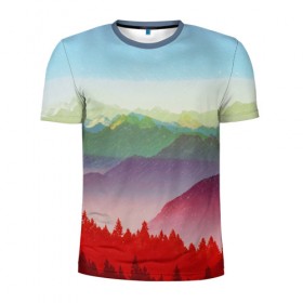 Мужская футболка 3D спортивная с принтом Радужный пейзаж в Белгороде, 100% полиэстер с улучшенными характеристиками | приталенный силуэт, круглая горловина, широкие плечи, сужается к линии бедра | горы | деревья | дождь | лес | массив | небо | природа | рельеф | скалы | яркий