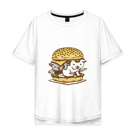 Мужская футболка хлопок Oversize с принтом Котбургер в Белгороде, 100% хлопок | свободный крой, круглый ворот, “спинка” длиннее передней части | булка | бургер | гамбургер | детский | еда | животные | картинка | кот | коте | котенок | котята | кошка | милые | рисунок | смешные | сыр | чизбургер