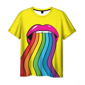 Мужская футболка 3D с принтом Pop art в Белгороде, 100% полиэфир | прямой крой, круглый вырез горловины, длина до линии бедер | Тематика изображения на принте: fun | lip color | mouth | pop art | rainbow | reggae | spectrum | style | summer | teeth | yellow | веселье | губы | желтый | зубы | лето | поп арт | радуга | рот | спектр | стиль | цвет