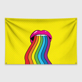 Флаг-баннер с принтом Pop art в Белгороде, 100% полиэстер | размер 67 х 109 см, плотность ткани — 95 г/м2; по краям флага есть четыре люверса для крепления | fun | lip color | mouth | pop art | rainbow | reggae | spectrum | style | summer | teeth | yellow | веселье | губы | желтый | зубы | лето | поп арт | радуга | рот | спектр | стиль | цвет