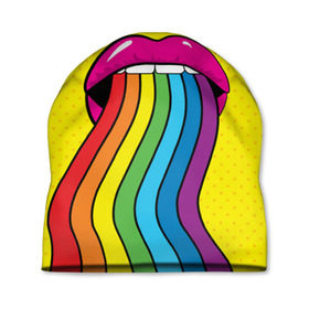 Шапка 3D с принтом Pop art в Белгороде, 100% полиэстер | универсальный размер, печать по всей поверхности изделия | fun | lip color | mouth | pop art | rainbow | reggae | spectrum | style | summer | teeth | yellow | веселье | губы | желтый | зубы | лето | поп арт | радуга | рот | спектр | стиль | цвет