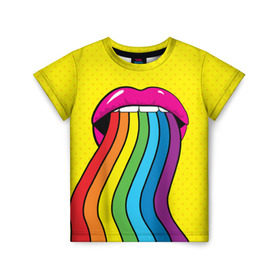 Детская футболка 3D с принтом Pop art в Белгороде, 100% гипоаллергенный полиэфир | прямой крой, круглый вырез горловины, длина до линии бедер, чуть спущенное плечо, ткань немного тянется | fun | lip color | mouth | pop art | rainbow | reggae | spectrum | style | summer | teeth | yellow | веселье | губы | желтый | зубы | лето | поп арт | радуга | рот | спектр | стиль | цвет