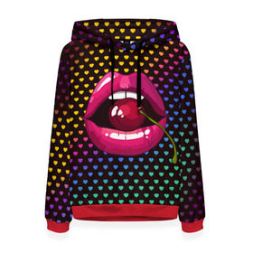 Женская толстовка 3D с принтом Pop art в Белгороде, 100% полиэстер  | двухслойный капюшон со шнурком для регулировки, мягкие манжеты на рукавах и по низу толстовки, спереди карман-кенгуру с мягким внутренним слоем. | cherry | colorful | fashion | funny | gesture | lips | lipstick | makeup | mouth | pop art | rainbow | style | веселый | вишенка | вишня | губы | жест | зубы | клубный | любовь | макияж | мода | помада | поп арт | прикольный | радуга | рот | стиль | страс